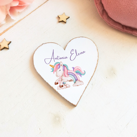 Marturii - Unicornul Magic - Marturie botez - Inima lemn personalizata cu magnet