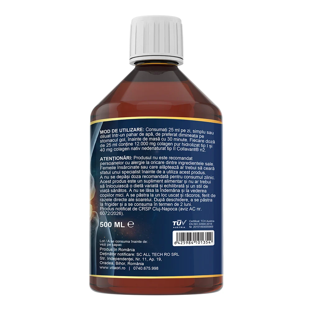 Colagen VitaOri Articulatii Plus - Colagen lichid concentrat, 12.000mg colagen tip 1 si 40mg colagen tip 2. Flacon 500ml. Sustine sanatatea articulatiilor, reducerea inflamatiilor si durerii reumatice, refacerea muschilor si ligamentelor [4]
