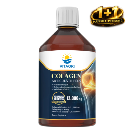 Suplimente Alimentare Premium - Colagen VitaOri Articulatii Plus - Colagen lichid concentrat, 12.000mg colagen tip 1 si 40mg colagen tip 2. Flacon 500ml. Sustine sanatatea articulatiilor, reducerea inflamatiilor si durerii reumatice, refacerea muschilor si ligamentelor