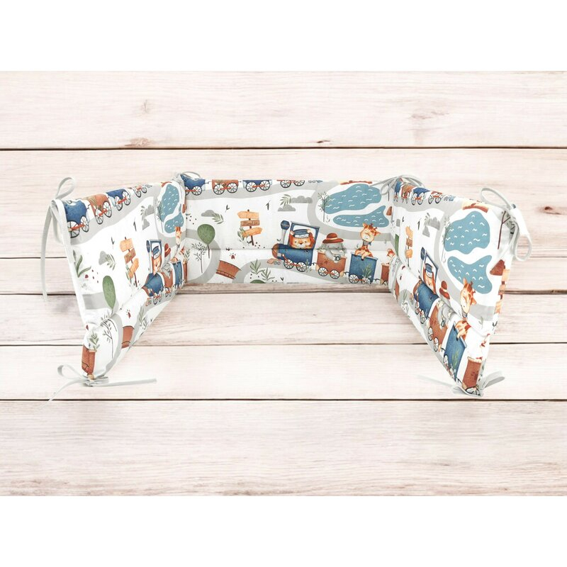 Aparatoare pentru patut, MimiNu, Din bumbac certificat Oeko Tex Standard 100, 180x30 cm, Cu panglici, Design, Zoo in train [2]