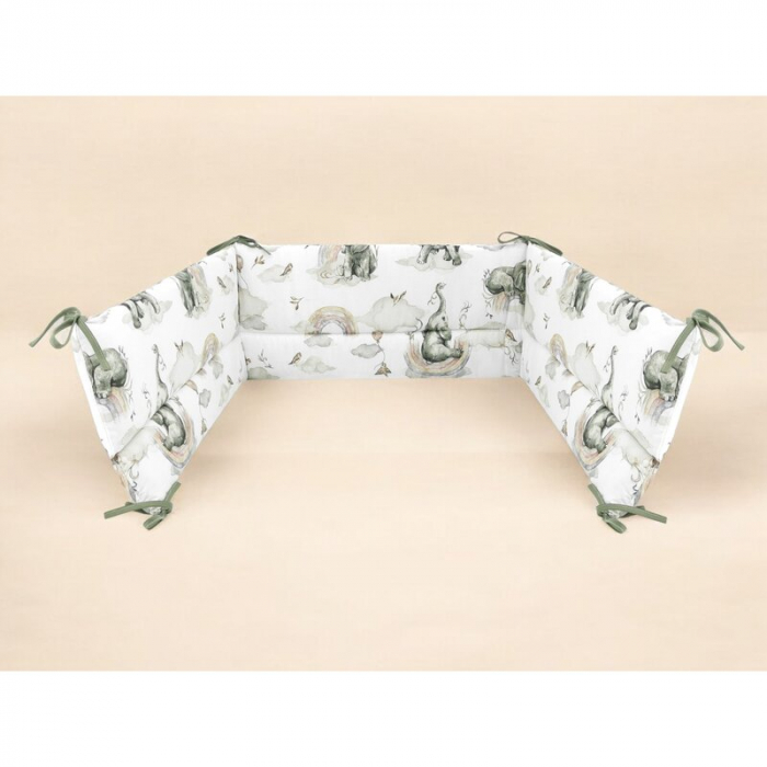 Aparatoare pentru patut, Qmini, Din bumbac certificat Oeko Tex Standard 100, 180x30 cm, Cu panglici, Elephants on Rainbow [2]