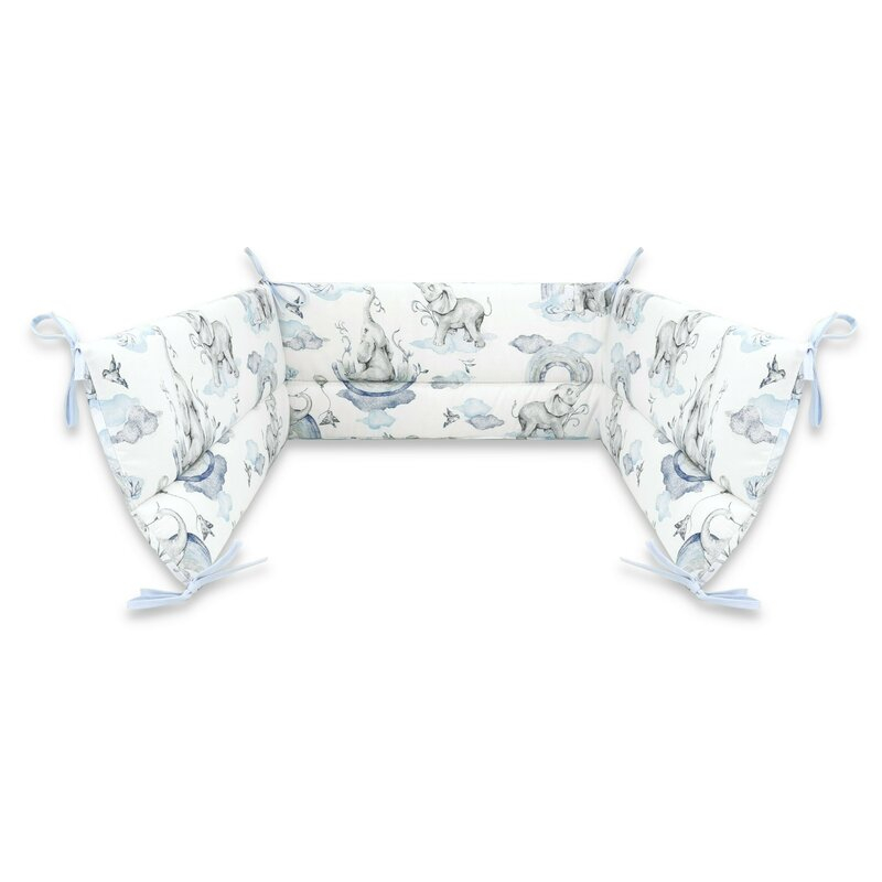 Aparatoare pentru patut, Qmini, Din bumbac certificat Oeko Tex Standard 100, 180x30 cm, Cu panglici, Elephants on Rainbow Blue [1]