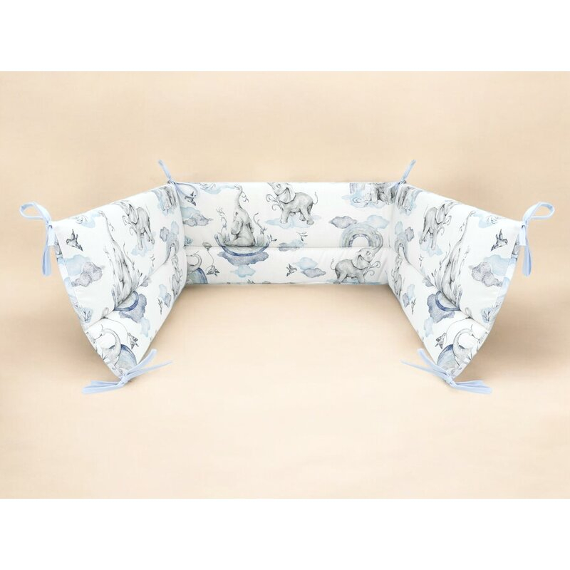 Aparatoare pentru patut, Qmini, Din bumbac certificat Oeko Tex Standard 100, 180x30 cm, Cu panglici, Elephants on Rainbow Blue [2]