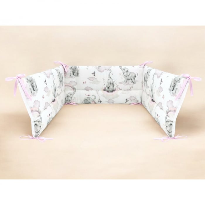 Aparatoare pentru patut, Qmini, Din bumbac certificat Oeko Tex Standard 100, 180x30 cm, Cu panglici, Elephants on Rainbow Pink [2]