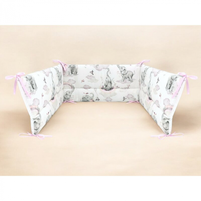 Aparatoare pentru patut, Qmini, Din bumbac certificat Oeko Tex Standard 100, 210x30 cm, Cu panglici, Elephants on Rainbow Pink [2]