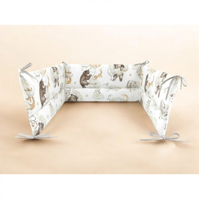 Aparatoare pentru patut, Qmini, Din bumbac certificat Oeko Tex Standard 100, 210x30 cm, Cu panglici, Teddy Bear and Friends Beige [2]