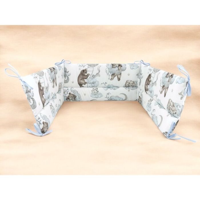 Aparatoare pentru patut, Qmini, Din bumbac certificat Oeko Tex Standard 100, 210x30 cm, Cu panglici, Teddy Bear and Friends Blue [2]