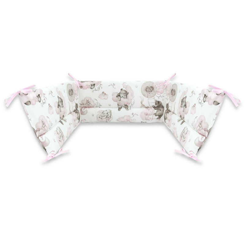 Aparatoare pentru patut, Qmini, Din bumbac certificat Oeko Tex Standard 100, 210x30 cm, Cu panglici, Teddy Bear and Friends Pink [1]