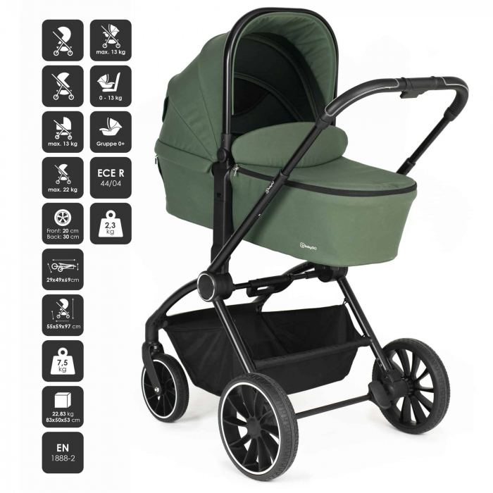 BabyGo - Carucior 3 in 1 Harmony Green cu maner reglabil pe inaltime, cadru Black [2]