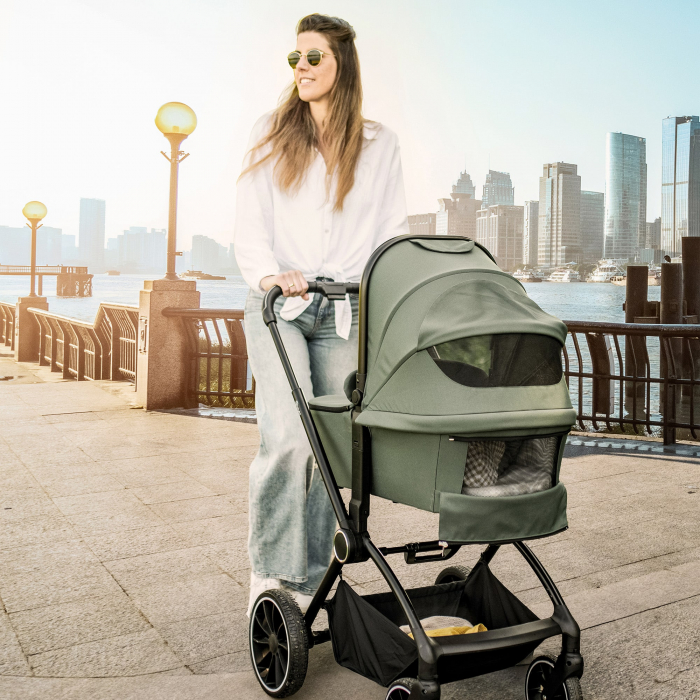 BabyGo - Carucior 3 in 1 Harmony Green cu maner reglabil pe inaltime, cadru Black [16]