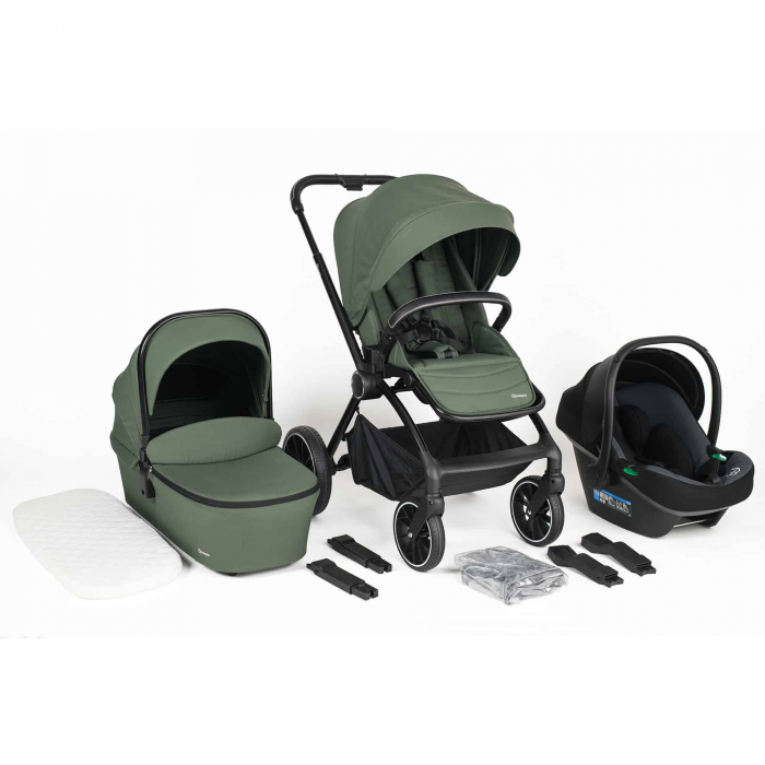 BabyGo - Carucior 3 in 1 Harmony Green cu maner reglabil pe inaltime, cadru Black [1]