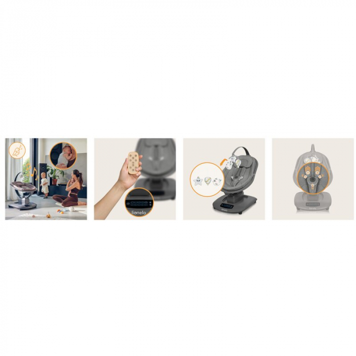 Balansoar si sezlong, Lionelo, Blossom, 5 melodii, 5 moduri de balansare, Cu jucarii, Husa respirabila, 60% bambus, Cu telecomanda, Reglare pozitie scaun pentru somn, Pana la 9 kg, Gri [25]