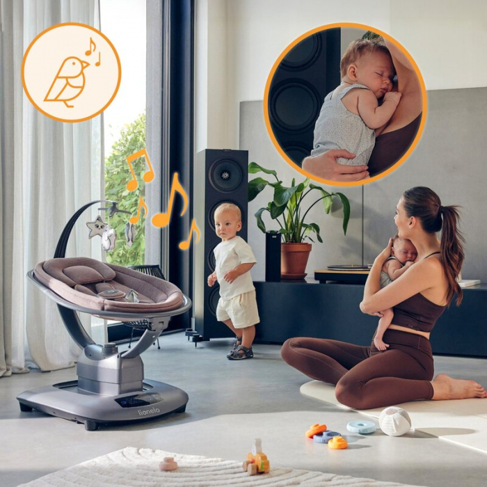 Balansoar si sezlong, Lionelo, Blossom, 5 melodii, 5 moduri de balansare, Cu jucarii, Husa respirabila, 60% bambus, Cu telecomanda, Reglare pozitie scaun pentru somn, Pana la 9 kg, Mov [19]
