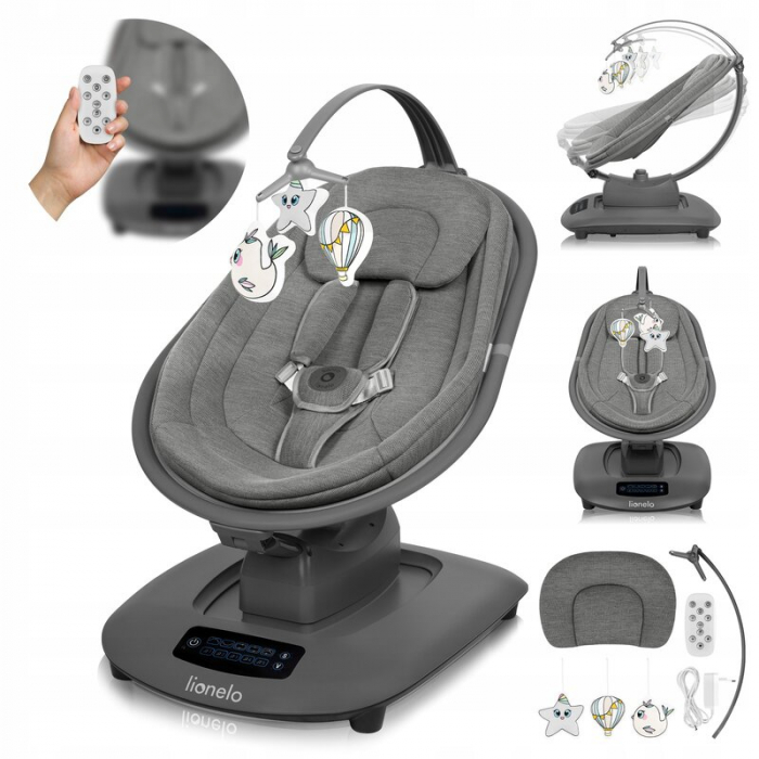 Balansoar si sezlong, Lionelo, Blossom, 5 melodii, 5 moduri de balansare, Cu jucarii, Husa respirabila, 60% bambus, Cu telecomanda, Reglare pozitie scaun pentru somn, Pana la 9 kg, Gri [4]
