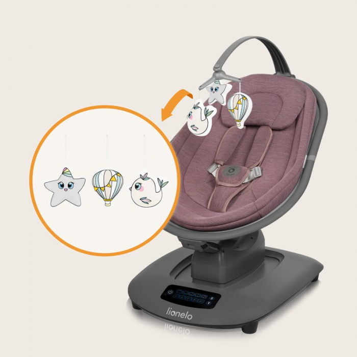 Balansoar si sezlong, Lionelo, Blossom, 5 melodii, 5 moduri de balansare, Cu jucarii, Husa respirabila, 60% bambus, Cu telecomanda, Reglare pozitie scaun pentru somn, Pana la 9 kg, Mov [11]