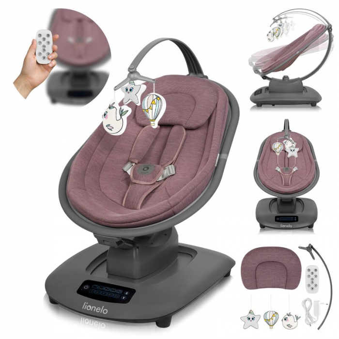 Balansoar si sezlong, Lionelo, Blossom, 5 melodii, 5 moduri de balansare, Cu jucarii, Husa respirabila, 60% bambus, Cu telecomanda, Reglare pozitie scaun pentru somn, Pana la 9 kg, Mov [4]