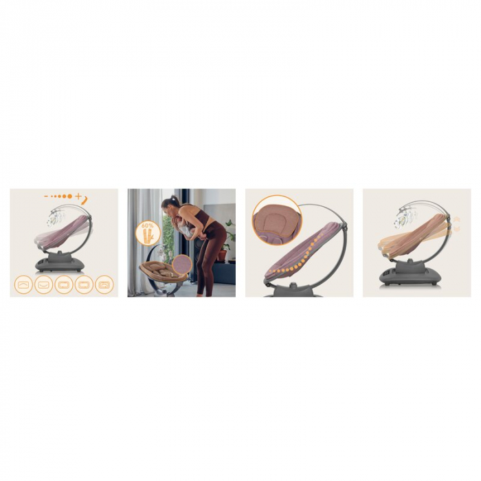 Balansoar si sezlong, Lionelo, Blossom, 5 melodii, 5 moduri de balansare, Cu jucarii, Husa respirabila, 60% bambus, Cu telecomanda, Reglare pozitie scaun pentru somn, Pana la 9 kg, Mov [23]