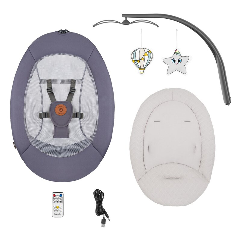 Balansoar si sezlong, Lionelo, Ralf, 2 in 1, Electric, Cu telecomanda si cablu USB, Cu miscare laterala de balansare si 5 niveluri diferite de viteza, Cu 12 melodii, Gri Grafit, Resigilat [14]