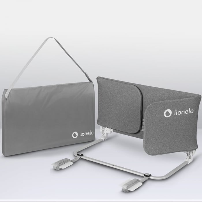 Bariera de protectie pentru pat, Lionelo, Lora XL, Pliabila, Sistem de blocare StandSafe, Geanta de transport inclusa, 150x46 cm, Conform cu BS 7972:2001+A1:2009, Gri [20]