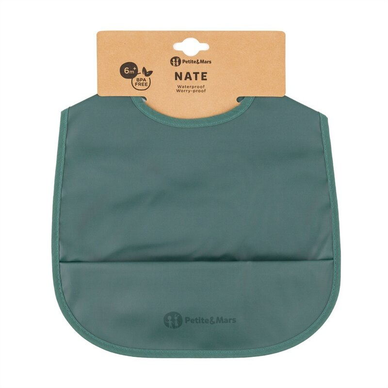 Baveta impermeabila cu buzunar, Petite&Mars, Nate, Fara PVC si ftalati, 37 × 27 cm, 6 luni+, Prindere velcro, Verde [1]
