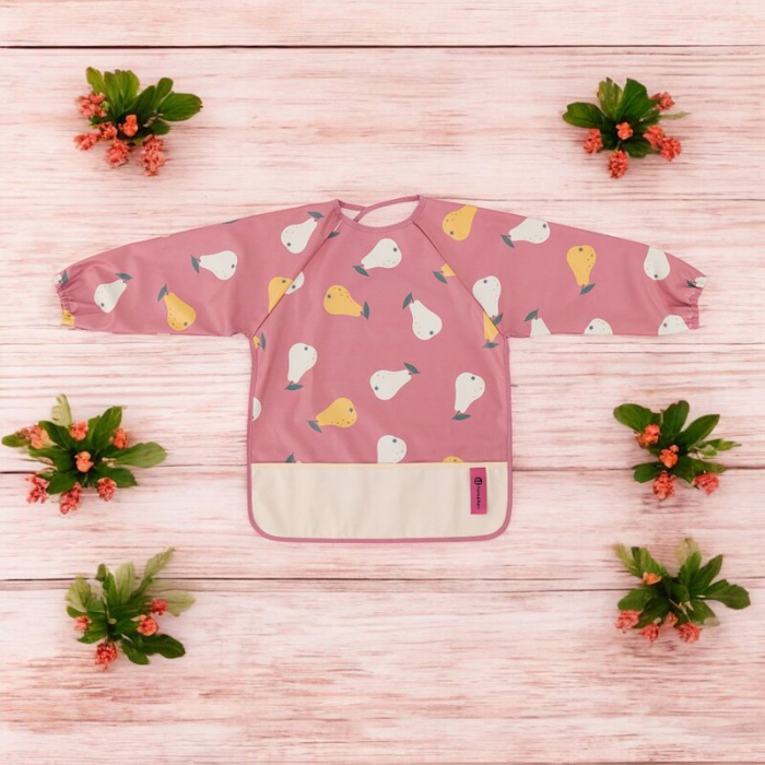 Baveta impermeabila, Petite&Mars, Cu maneci lungi, Usor de curatat, inchidere prin velcro, Dimensiune 38x42 cm, 24 luni+, Pink Pears [2]