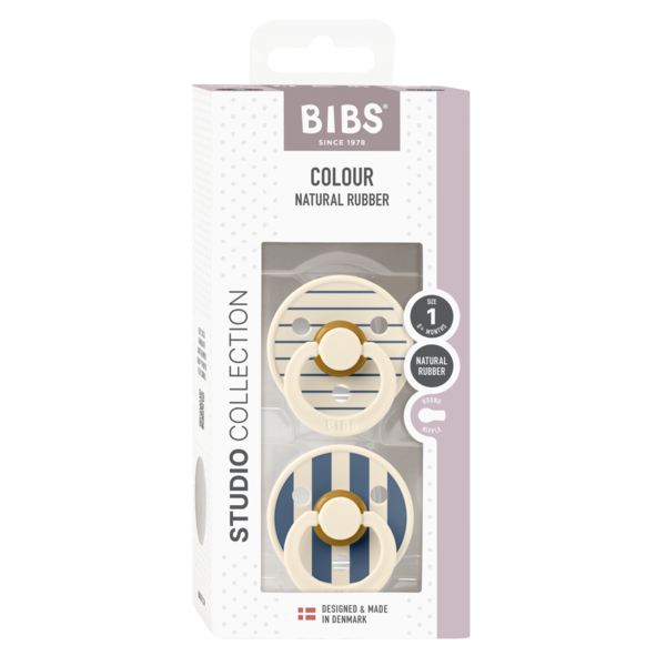 BIBS - Set 2 suzete Colour Studio Collection Stripe Latex, tetina rotunda, 0 luni+-Ivory/Steel Blue [2]