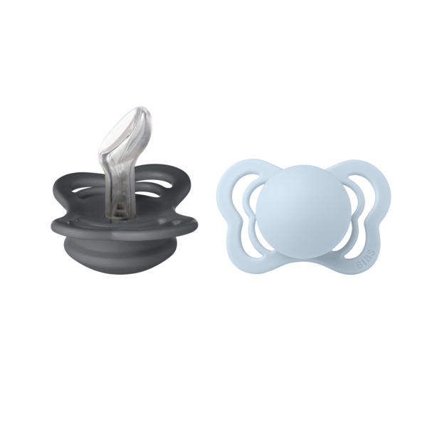 BIBS - Set 2 suzete Couture Silicon, tetina anatomica, 0 luni +-Iron/Baby Blue [1]