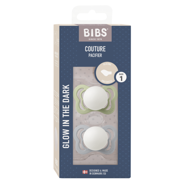 BIBS - Set 2 suzete Fosforencente Couture Glow Silicon, tetina anatomica, 0 luni +-Sage/Cloud [2]