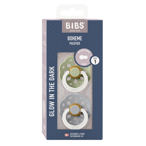 BIBS - Set 2 suzete fosforescente Boheme Glow Latex, tetina rotunda, 0 luni +-Sage/Cloud [3]
