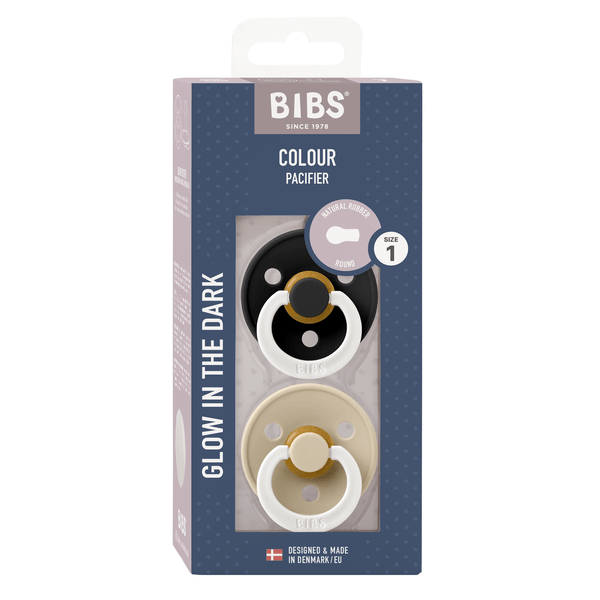 BIBS - Set 2 suzete fosforescente Colour Glow Latex, tetina rotunda, 0 luni +-Black/Vanilla [2]