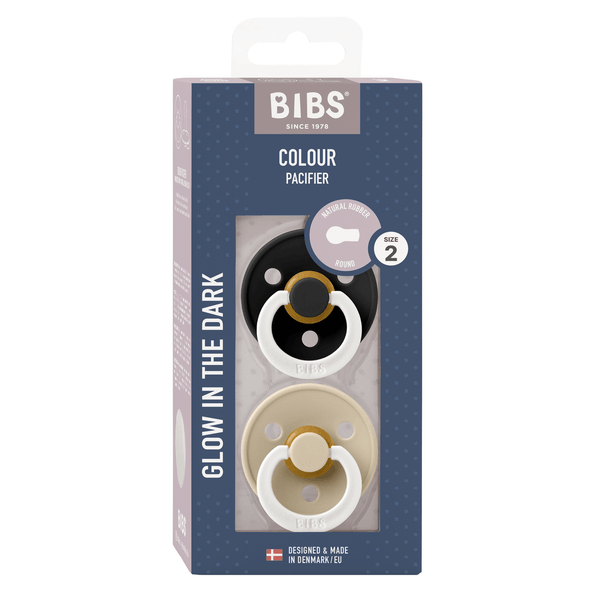 BIBS - Set 2 suzete fosforescente Colour Glow Latex, tetina rotunda, 6 luni +-Black/Vanilla [2]