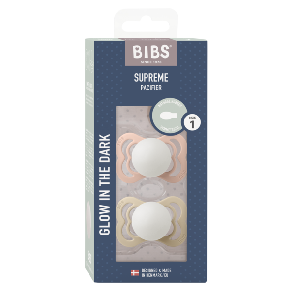 BIBS - Set 2 suzete Supreme Fosforescente GLOW Latex, tetina simetrica, 0 luni +-Blush/Vanilla [2]