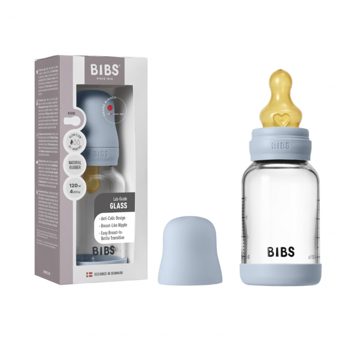 BIBS - Set complet biberon din sticla anticolici cu tetina din latex, flux lent, 120 ml, Baby Blue [4]