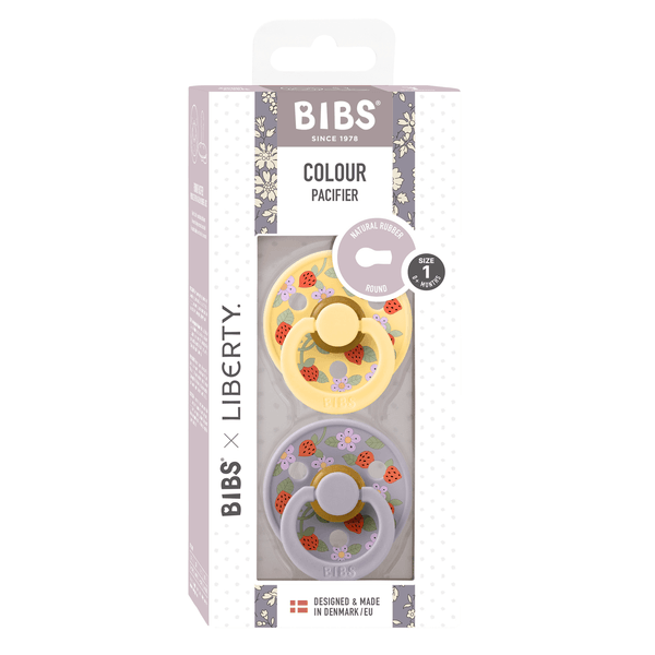 BIBS x LIBERTY - Set 2 suzete Colour Strawberries and Cream Latex, tetina rotunda, 0 luni+-Pale Butter/Fossil Grey [2]