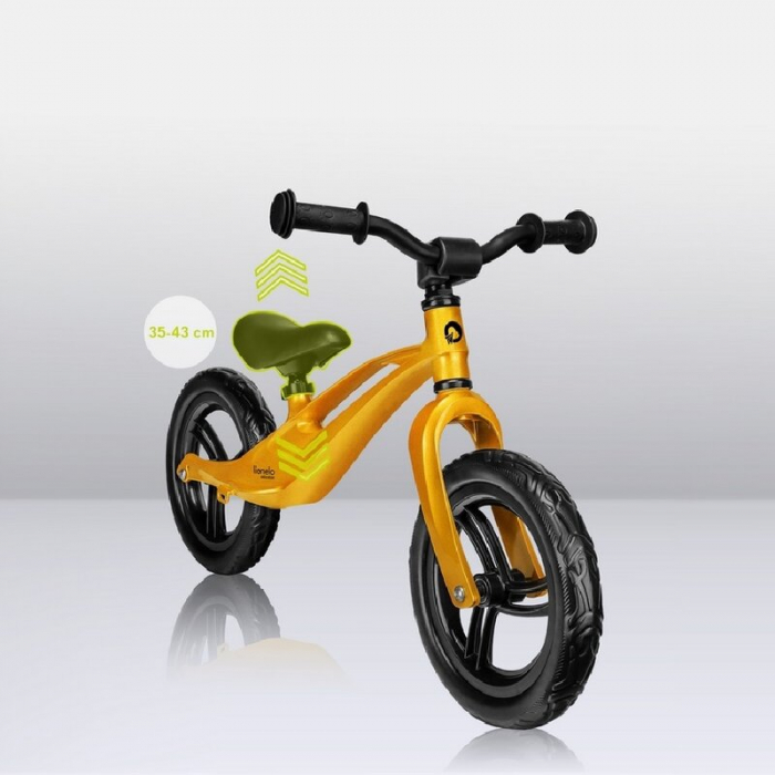 Bicicleta fara pedale, Lionelo, Bart, Usoara, Cu cadru din magneziu, Cu ghidon si sa reglabile, Greutate 3 Kg, 12 inch, Conform cu standardul european de securitate EN71, Auriu [19]