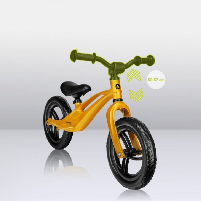 Bicicleta fara pedale, Lionelo, Bart, Usoara, Cu cadru din magneziu, Cu ghidon si sa reglabile, Greutate 3 Kg, 12 inch, Conform cu standardul european de securitate EN71, Auriu [21]