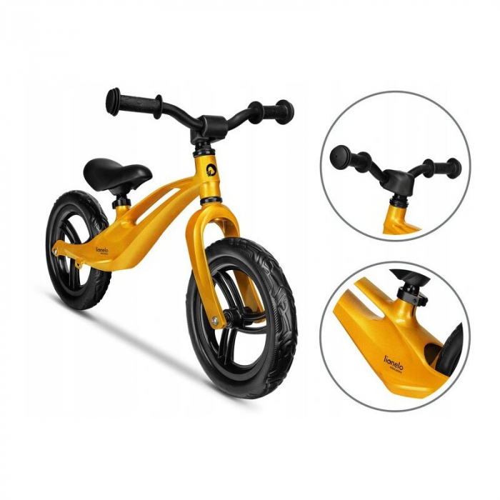 Bicicleta fara pedale, Lionelo, Bart, Usoara, Cu cadru din magneziu, Cu ghidon si sa reglabile, Greutate 3 Kg, 12 inch, Conform cu standardul european de securitate EN71, Auriu [8]