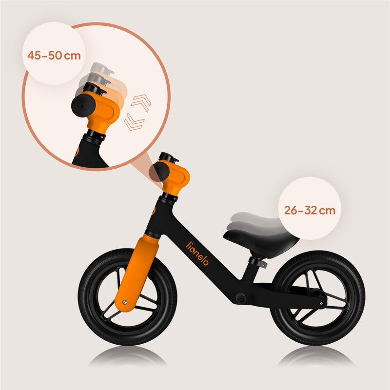 Bicicleta fara pedale, Lionelo, Toni, Cu ghidon si sa reglabile, Ultra usoara, 2.8 Kg, 18 luni+, Sustine 30 kg, Conform cu standardul EN71-1/2/3, Certificata TUV SUD, Portocaliu [15]
