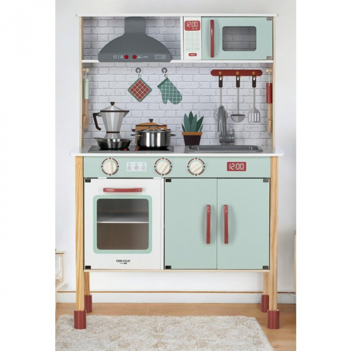 Bucatarie copii lemn, Free2Play, Mini Chef, Cu efecte de sunet si lumina, Cu accesorii, 70 x 30 x 104 cm, Conform cu standardele europene EN71-1;2018, EN71-2:2020, EN71-3:2021 [15]