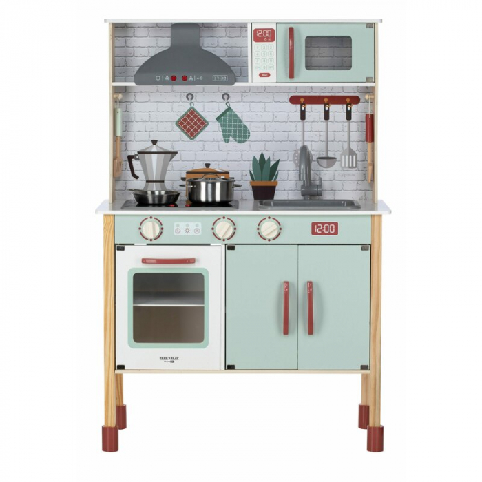 Bucatarie copii lemn, Free2Play, Mini Chef, Cu efecte de sunet si lumina, Cu accesorii, 70 x 30 x 104 cm, Conform cu standardele europene EN71-1;2018, EN71-2:2020, EN71-3:2021 [1]