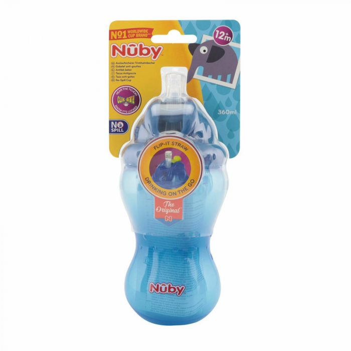 Cana cu pai, Nuby, Anti-alunecare, Cu inchidere etansa, Plastic, 360 ml, 12+ luni, Albastru inchis [3]