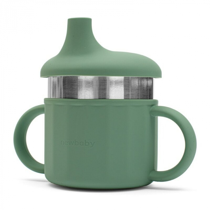 Canuta, New Baby, Cu manere si gura de scurgere care poate fi folosita de sine statatoare sau cu pai, 50% silicon, 50% otel inoxidabil, Fara BPA, 0 luni+, Green [4]