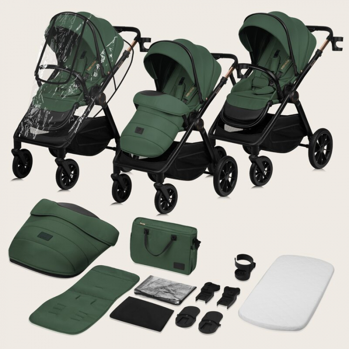 Carucior 2 in 1, Lionelo, Layla, Pana la 22 kg, Cadru aluminiu, Cu landou intarit si salteluta din spuma AirDots, Reversibil, Cu ventilatie 3D, Cu accesorii, EN1888-1, EN1888-2, EN1466, Verde [42]
