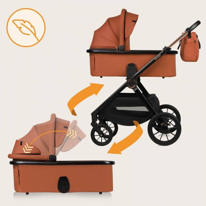 Carucior 2 in 1, Lionelo, Layla, Pana la 22 kg, Cadru aluminiu, Cu landou intarit si salteluta din spuma AirDots, Reversibil, Cu ventilatie 3D, Cu accesorii, EN1888-1, EN1888-2, EN1466, Maro [37]