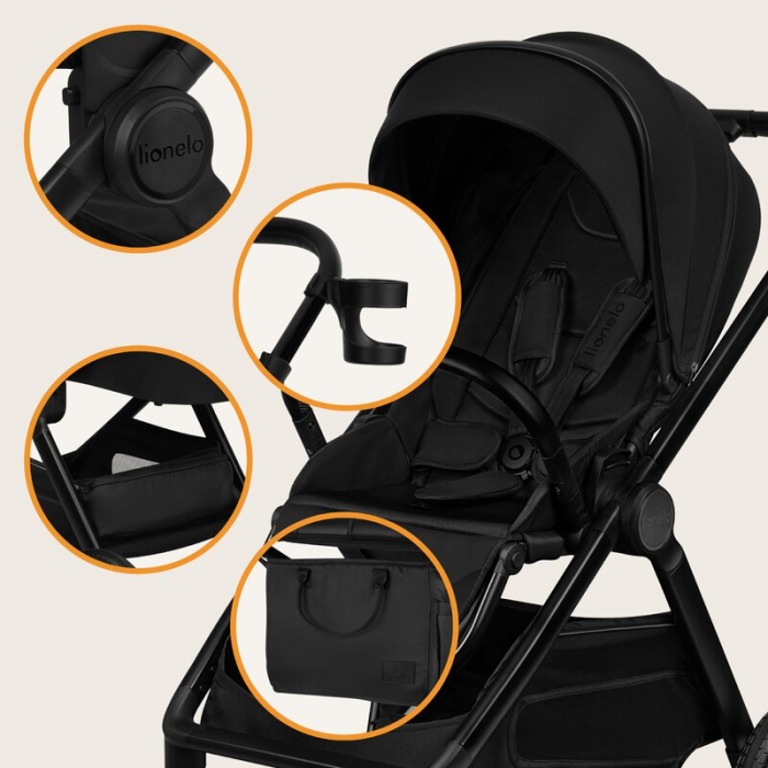 Carucior 2 in 1, Lionelo, Layla, Pana la 22 kg, Cadru aluminiu, Cu landou intarit si salteluta din spuma AirDots, Reversibil, Cu ventilatie 3D, Cu accesorii, EN1888-1, EN1888-2, EN1466, Negru [44]