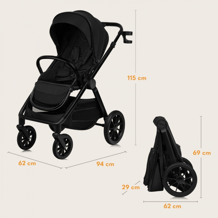 Carucior 2 in 1, Lionelo, Layla, Pana la 22 kg, Cadru aluminiu, Cu landou intarit si salteluta din spuma AirDots, Reversibil, Cu ventilatie 3D, Cu accesorii, EN1888-1, EN1888-2, EN1466, Negru [46]