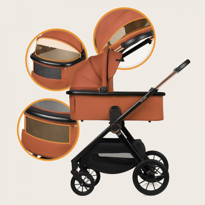 Carucior 2 in 1, Lionelo, Layla, Pana la 22 kg, Cadru aluminiu, Cu landou intarit si salteluta din spuma AirDots, Reversibil, Cu ventilatie 3D, Cu accesorii, EN1888-1, EN1888-2, EN1466, Maro [41]