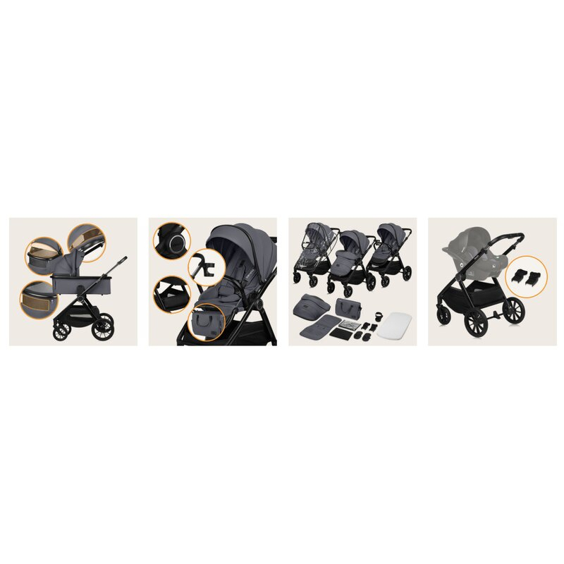 Carucior 2 in 1, Lionelo, Layla, Pana la 22 kg, Cadru aluminiu, Cu landou intarit si salteluta din spuma AirDots, Reversibil, Cu ventilatie 3D, Cu accesorii, EN1888-1, EN1888-2, EN1466, Gri [30]