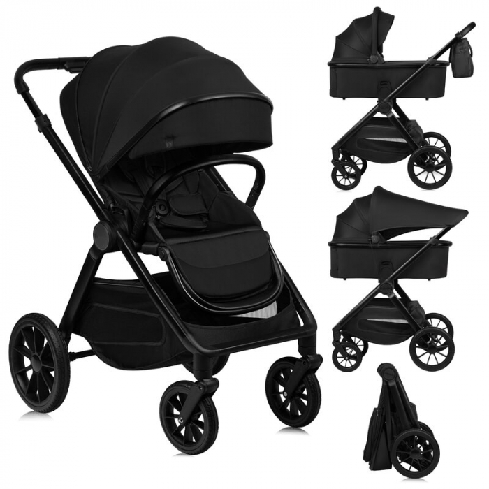 Carucior 2 in 1, Lionelo, Layla, Pana la 22 kg, Cadru aluminiu, Cu landou intarit si salteluta din spuma AirDots, Reversibil, Cu ventilatie 3D, Cu accesorii, EN1888-1, EN1888-2, EN1466, Negru [5]