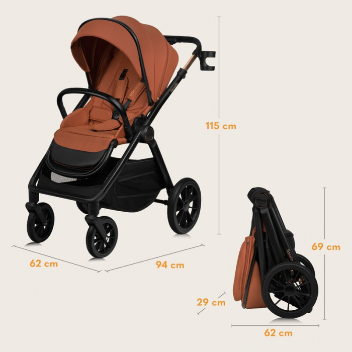 Carucior 2 in 1, Lionelo, Layla, Pana la 22 kg, Cadru aluminiu, Cu landou intarit si salteluta din spuma AirDots, Reversibil, Cu ventilatie 3D, Cu accesorii, EN1888-1, EN1888-2, EN1466, Maro [45]